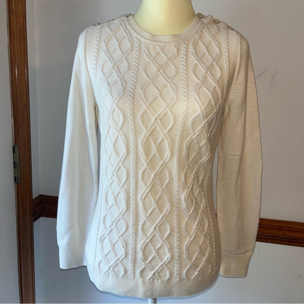 Talbots Lambswool Blend Cable Knit Blend Sweater Button Details Shoulders